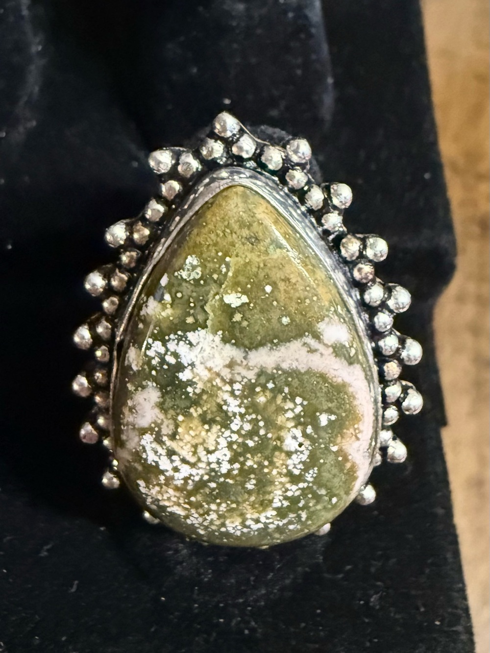 Green Jasper Teardrop Sterling Statement Ring